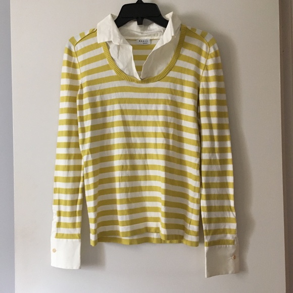AKRIS PUNTO Yellow + White Stripe Cotton Sweater w/ Detachable Collar 8 M - Picture 1 of 7